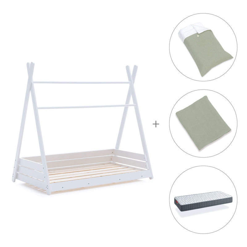 Cama Montessori blanca 90x200 cm con textil verde · Homy XL