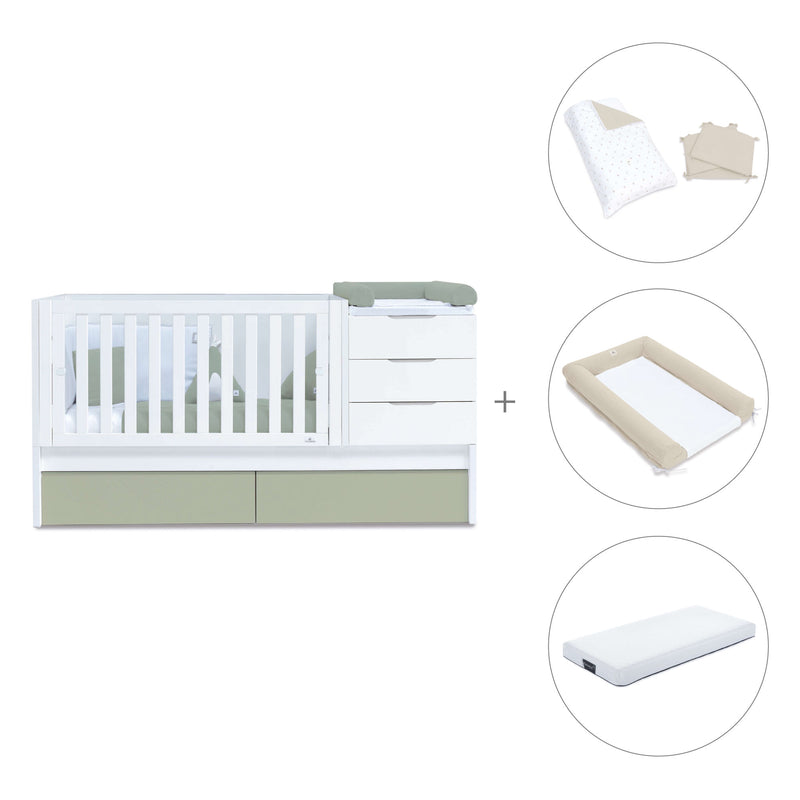 Cuna convertible 70x140 cm blanca/verde-oliva · Sero More K546-M7756