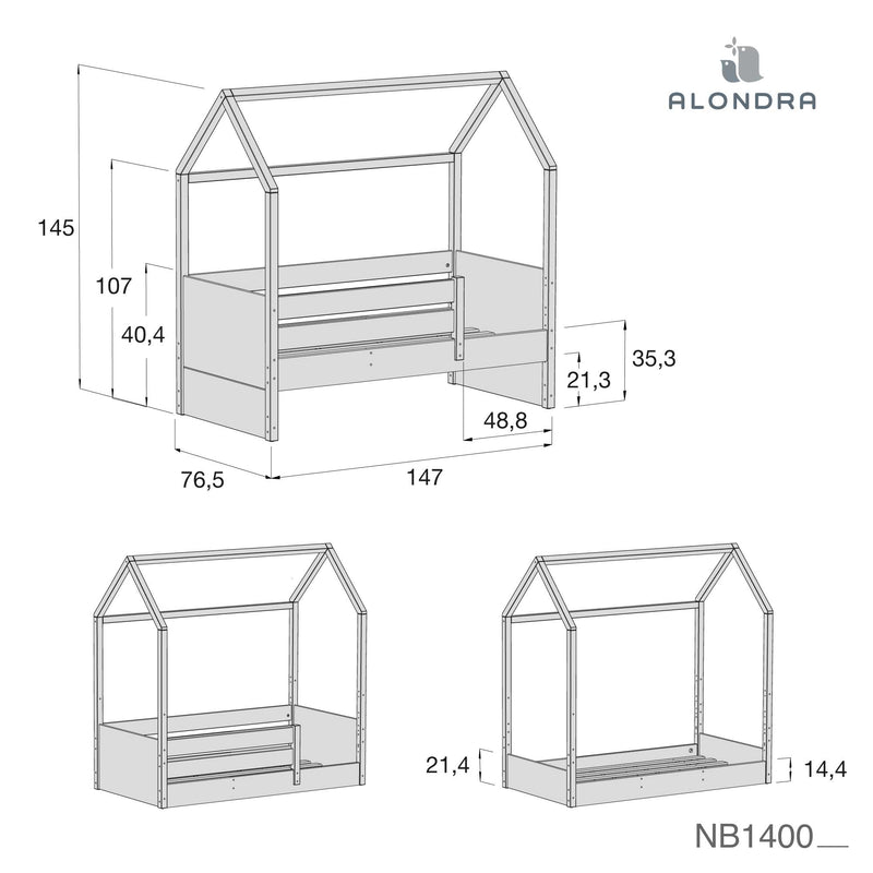 Cama Montessori con barrera 70x140 cm blanco/madera · Sogni NB1400