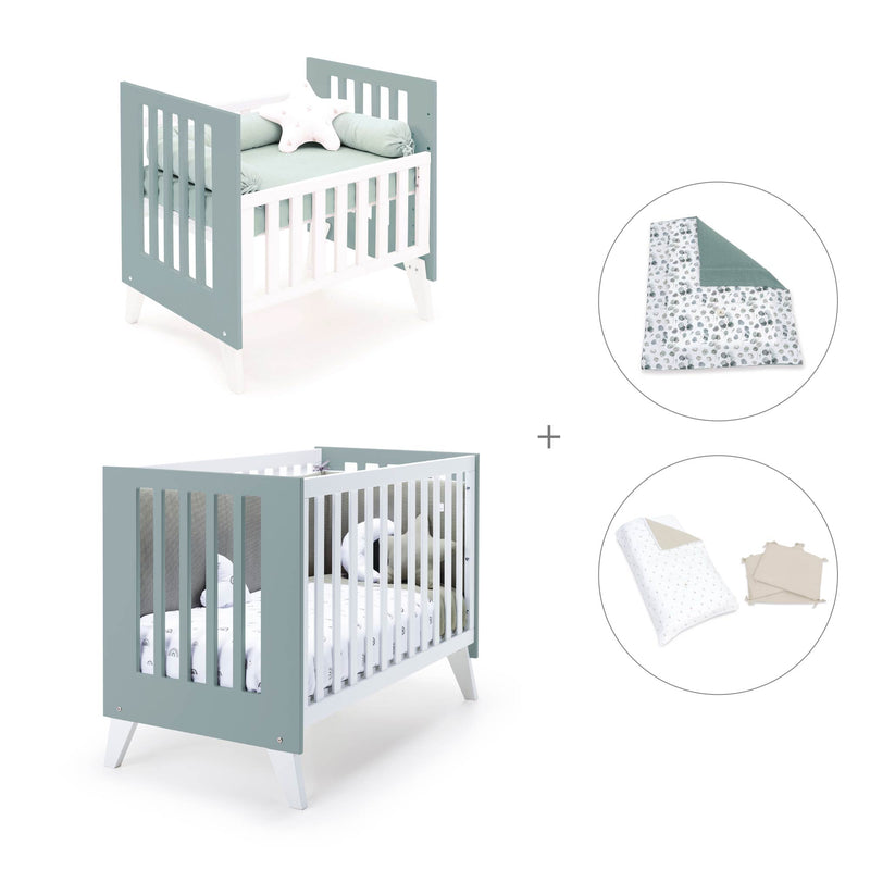 Minicuna y cuna todo en uno (7en1) blanca/verde eucalipto · Nexo Tre Eucalyptus C187T-M7757