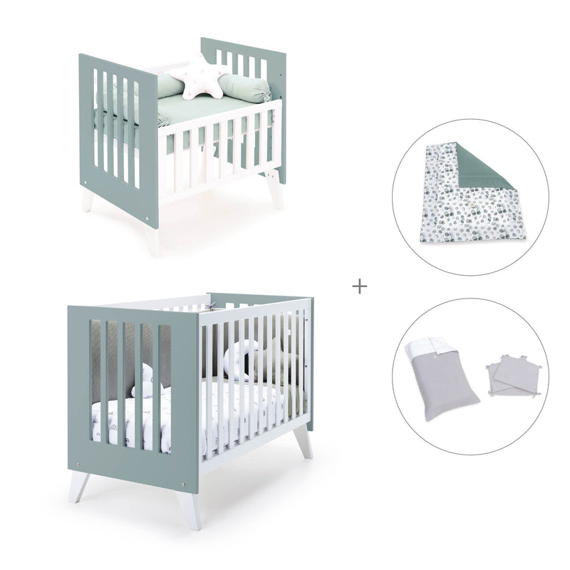 Minicuna y cuna todo en uno (7en1) blanca/verde eucalipto · Nexo Tre Eucalyptus C187T-M7757