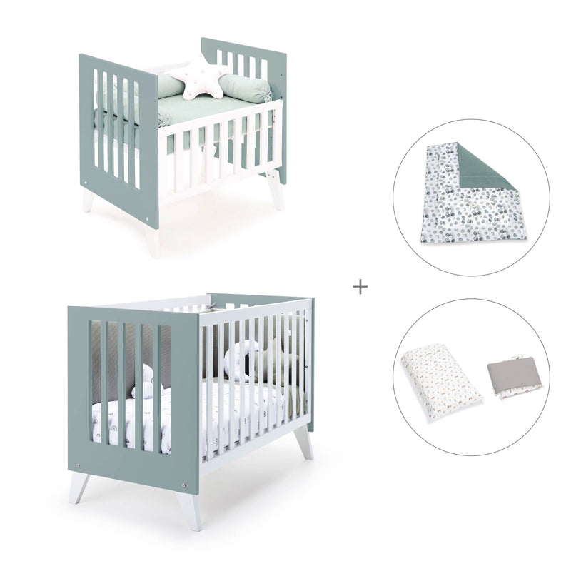 Minicuna y cuna todo en uno (7en1) blanca/verde eucalipto · Nexo Tre Eucalyptus C187T-M7757