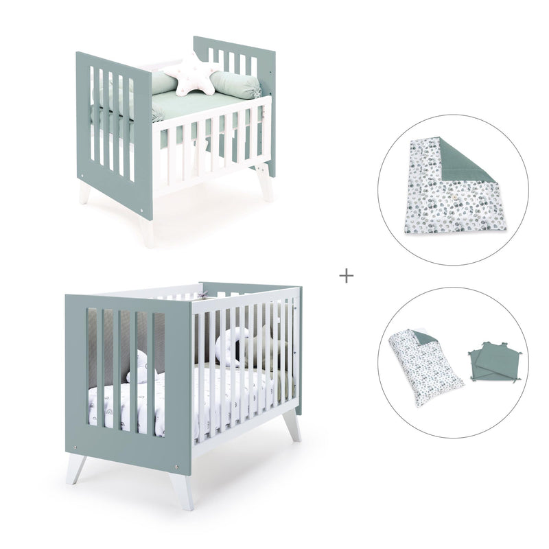 Minicuna y cuna todo en uno (7en1) blanca/verde eucalipto · Nexo Tre Eucalyptus C187T-M7757