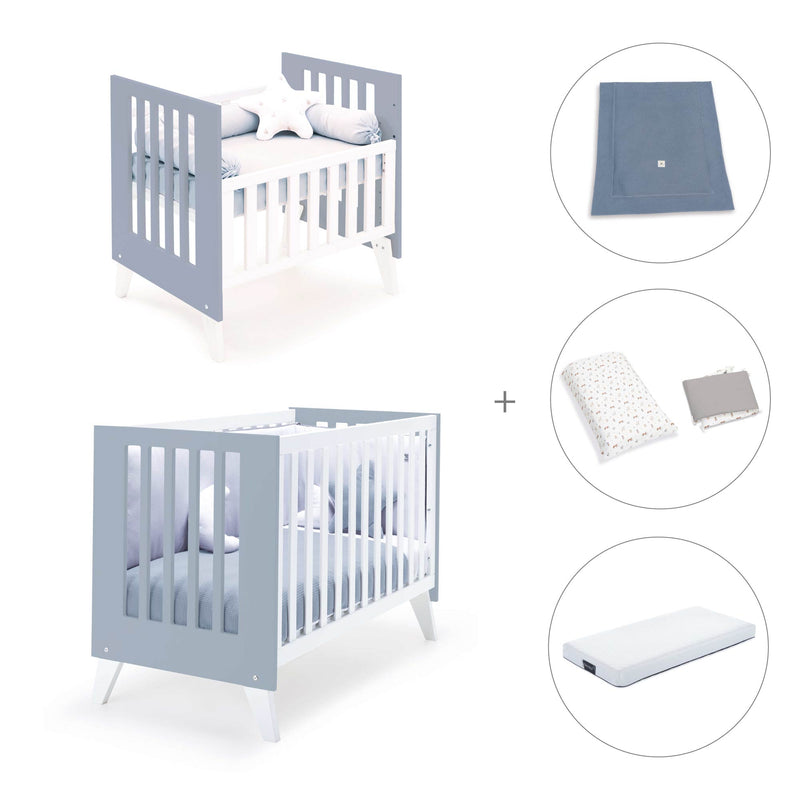 Minicuna y cuna todo en uno (7en1) blanca/azul · Nexo Tre Blu denim C187T-M7741