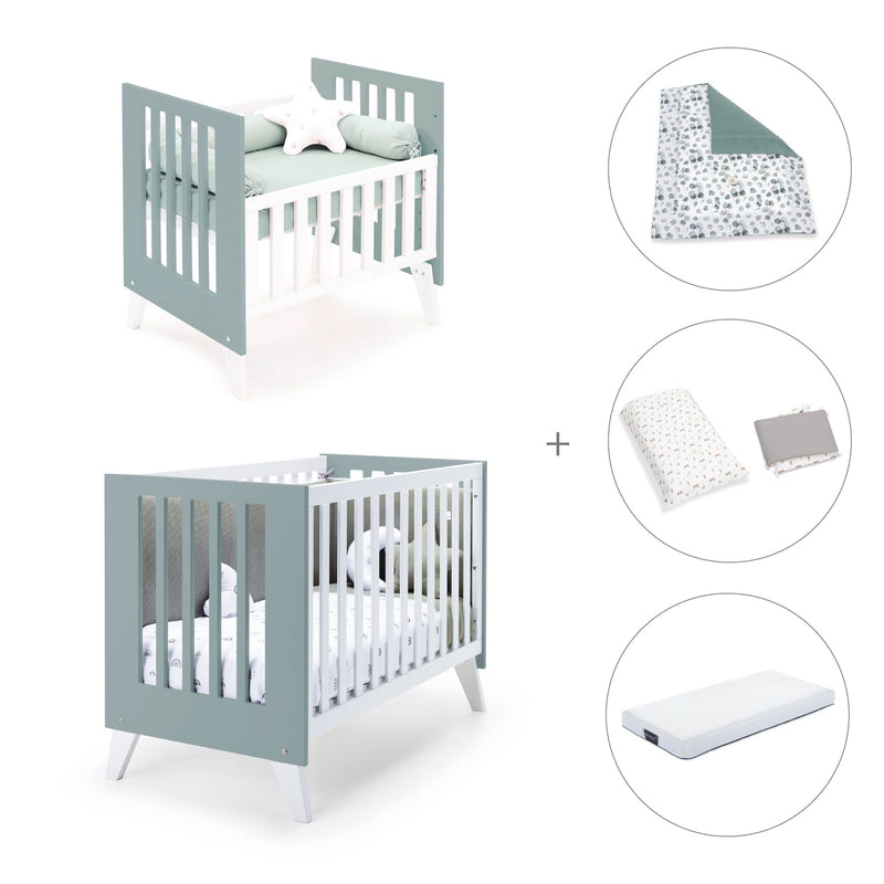 Minicuna y cuna todo en uno (7en1) blanca/verde eucalipto · Nexo Tre Eucalyptus C187T-M7757