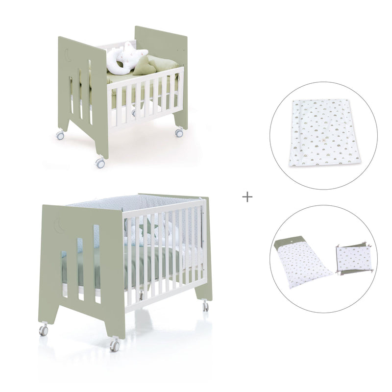 Minicuna 60x80 cm y cuna 60x120 cm (7en1) verde-oliva · Omni Tre Erba C181T-M7756