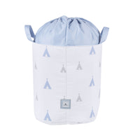 Saco portajuguetes textil blanco estampado tipis azul cielo