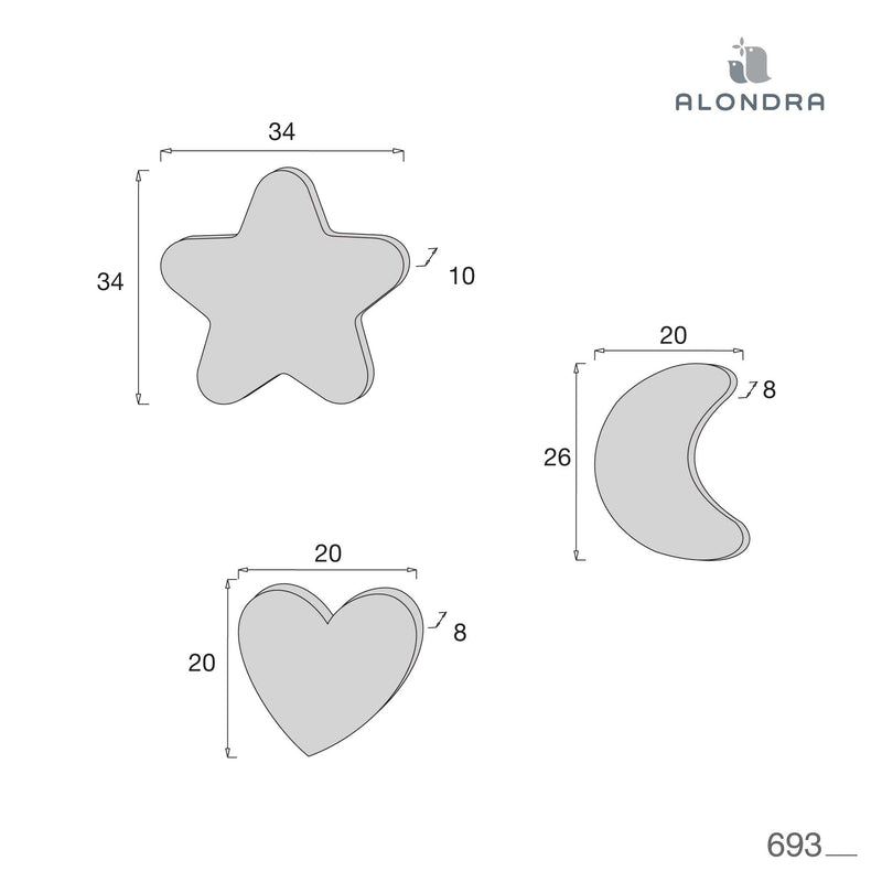 Set 3 cojines infantiles (luna, estrella, corazón) rosa · 693-122 Cremarosa