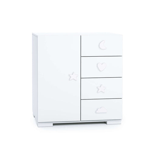 Cómoda blanca con cajonera y estantería pomos