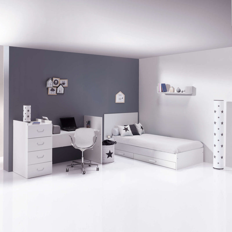 Estancia juvenil con mobiliario blanco Alondra y baldas estanterías de color blanco