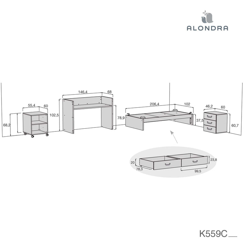 Medidas técnicas cuna convertible con cajones desmontada Sero Joy K559C de Alondra
