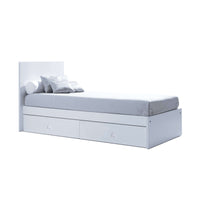 Cama junior 90x200 con lacada blanco con cajonera inferior y pomos de estrella