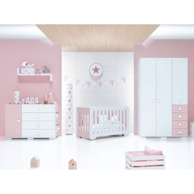 Habitación infantil con temática de color rosa con el Armario infantil grande Bubble (120cm) con cajones de color rosa