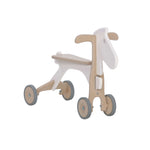 juguete de madera forma caballito blanco con ruedas de goma